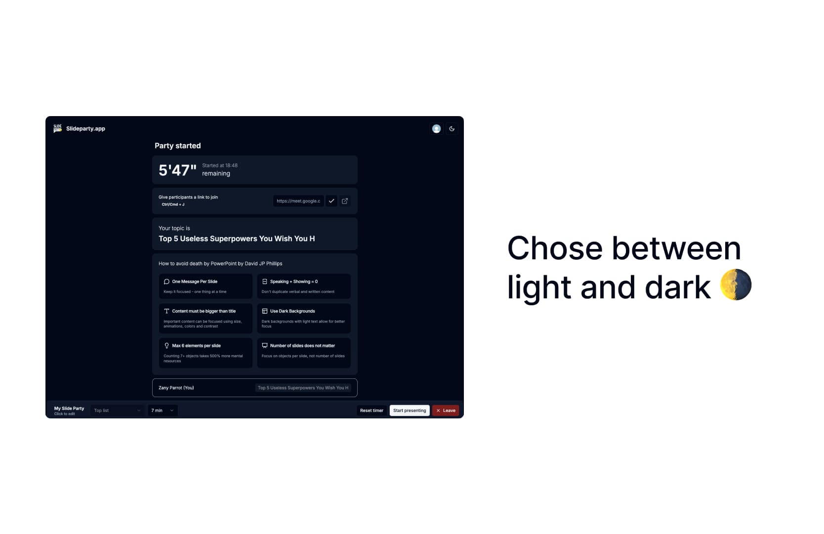 Switch to dark mode for late night presentations